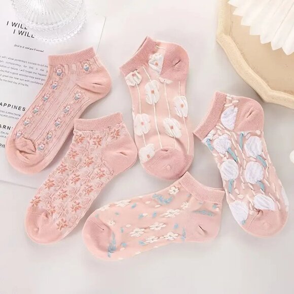Accessories - 5 Pairs Women's Breathable Polyester Blend, Non-Slip Cute Patterned Ankle Socks